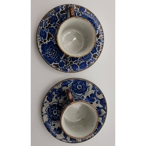 Set of 2 Blue and Brown Floral Patterned Demitasse Espresso cups with saucers - Picture 3 of 5